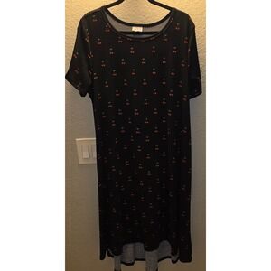 Lularoe Carly Dress 2XL Black Red Cherry Print High Low Swing Short Sleeve
